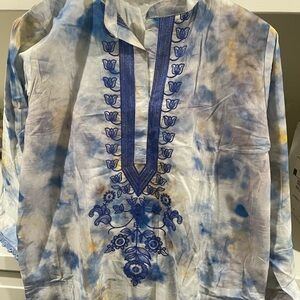 STYLUS Blue and White Tie-Dye Embroidered Shirt